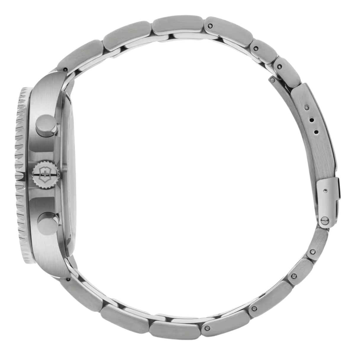 Men's stainless steel chronograph quartz watch, side view with link bracelet and crown