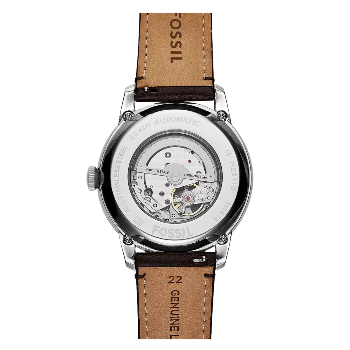 Fossil Townsman ME3110 rear view showing exhibition case back revealing automatic movement and leather strap