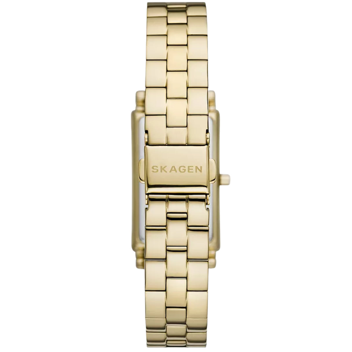 Gold-tone metal link watch bracelet with clasp area and SKAGEN branding