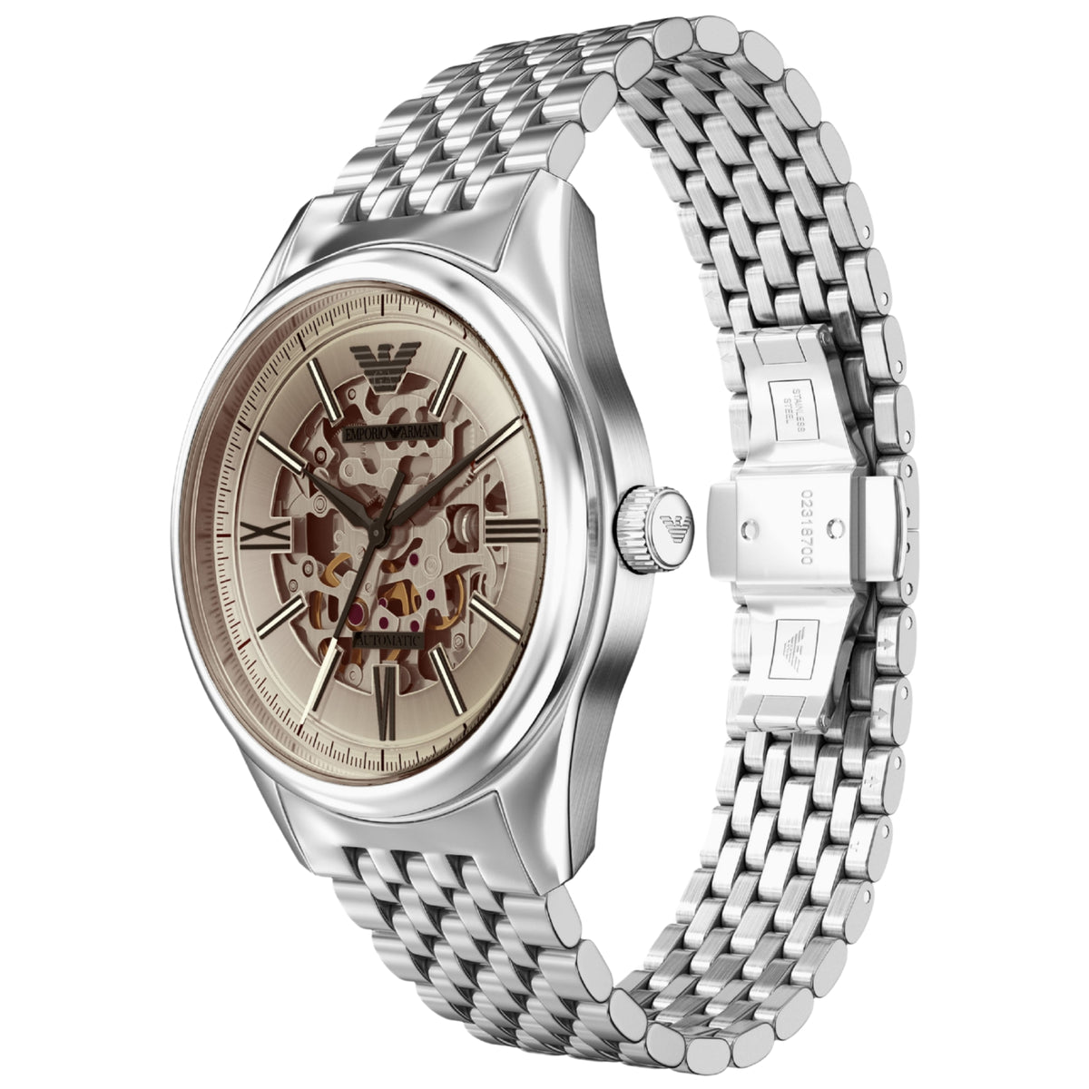 Angled view of the Emporio Armani Antonio AR60095 automatic timepiece displaying the open-work silver dial and deployment clasp bracelet