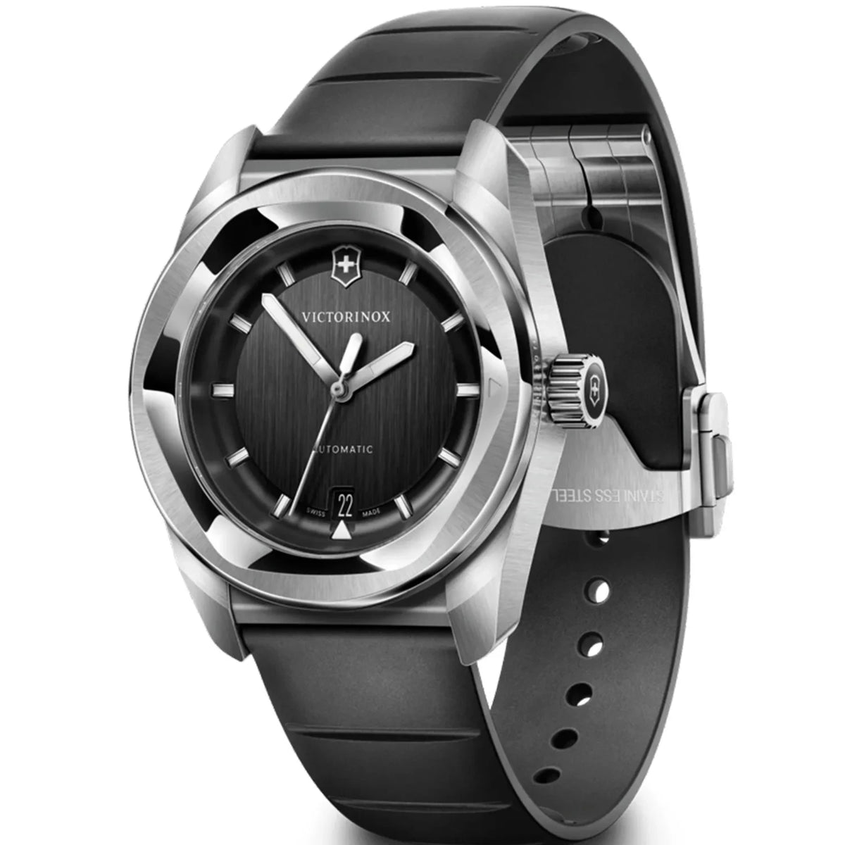 Black dial automatic wristwatch with silver case and black rubber strap