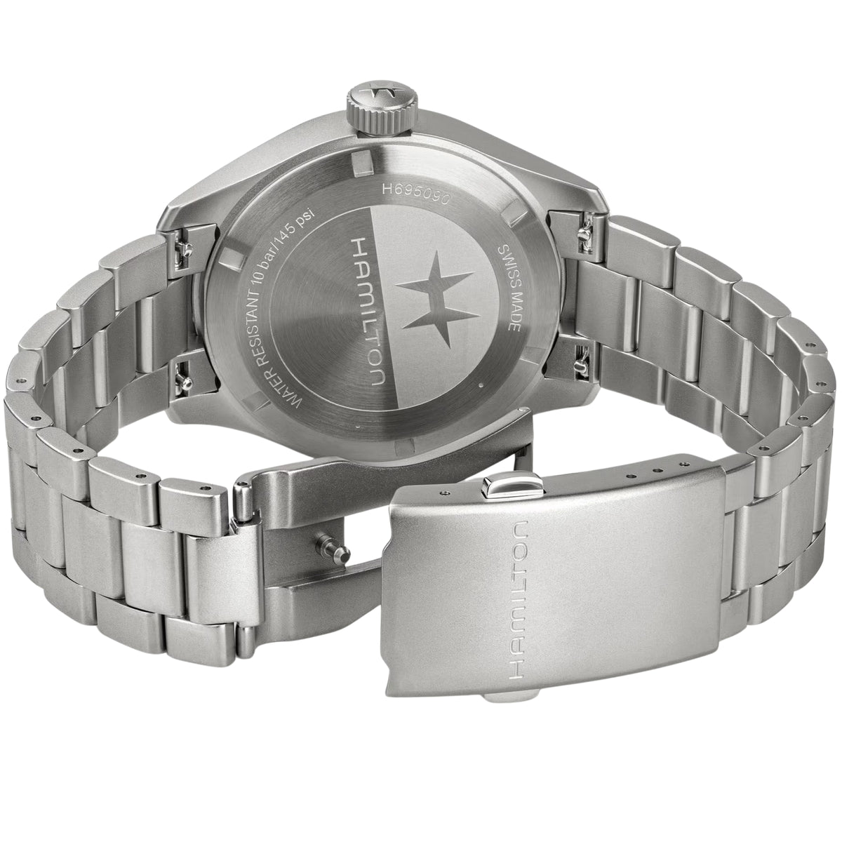 Hamilton Khaki Field H69509110 watch rear view showing engraved stainless steel case back, logo, and open fold-over clasp