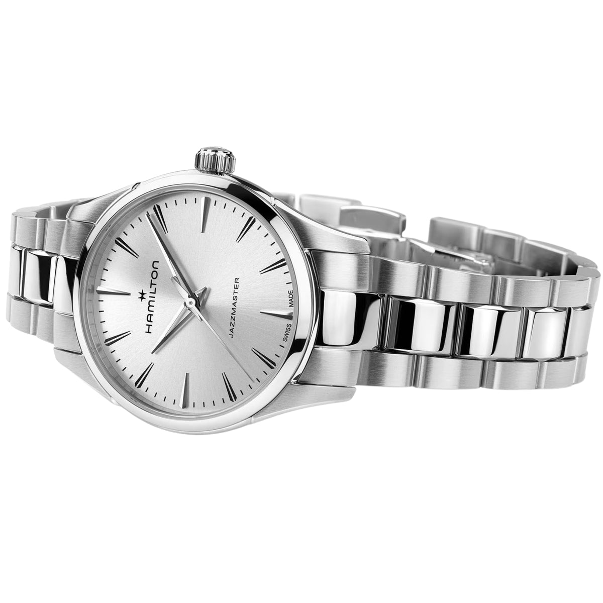 Hamilton Jazzmaster H32301181 side profile view featuring steel bracelet links and watch face