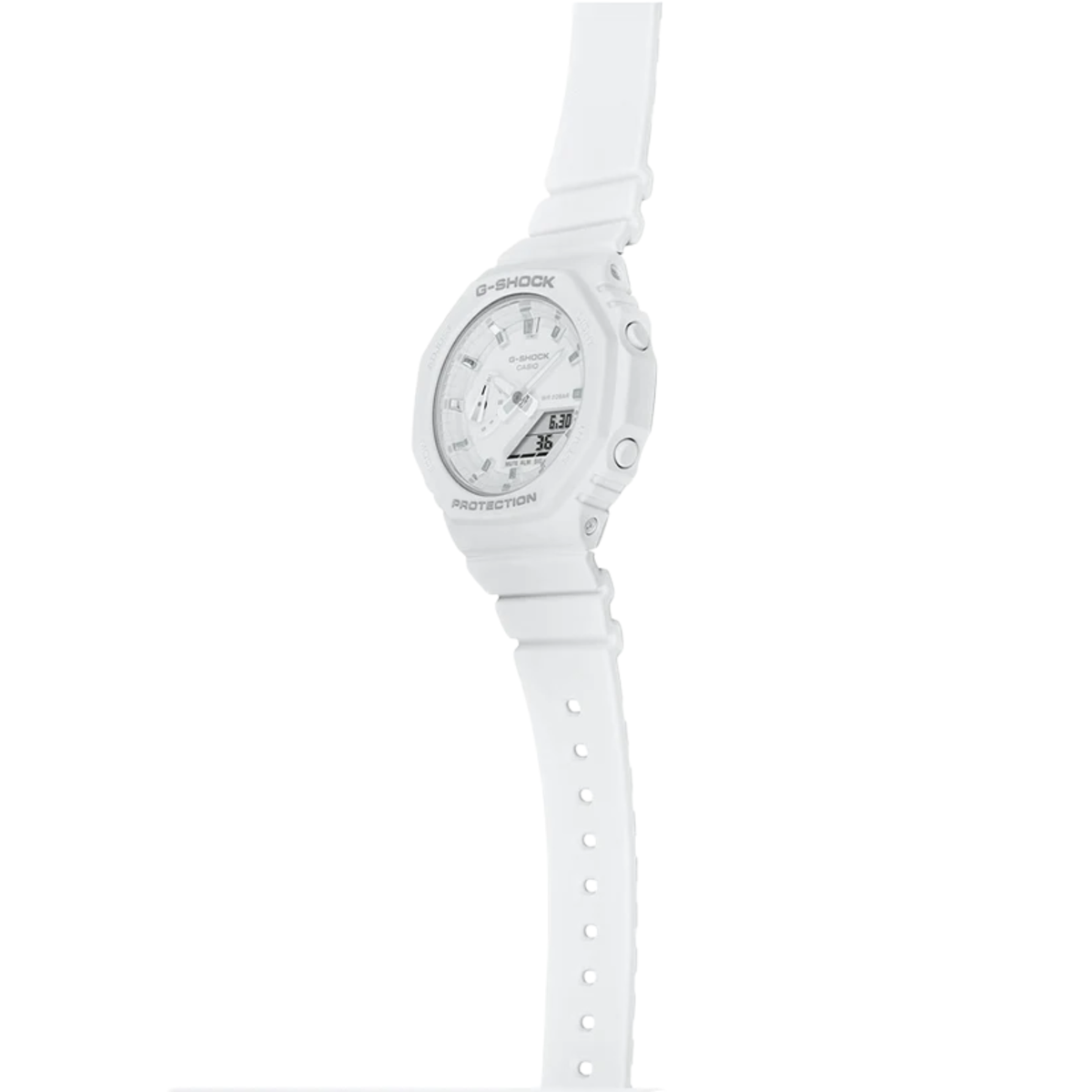 Casio G-Shock GMA-S2100-7AER full side profile showcasing slim resin case build and extended white strap