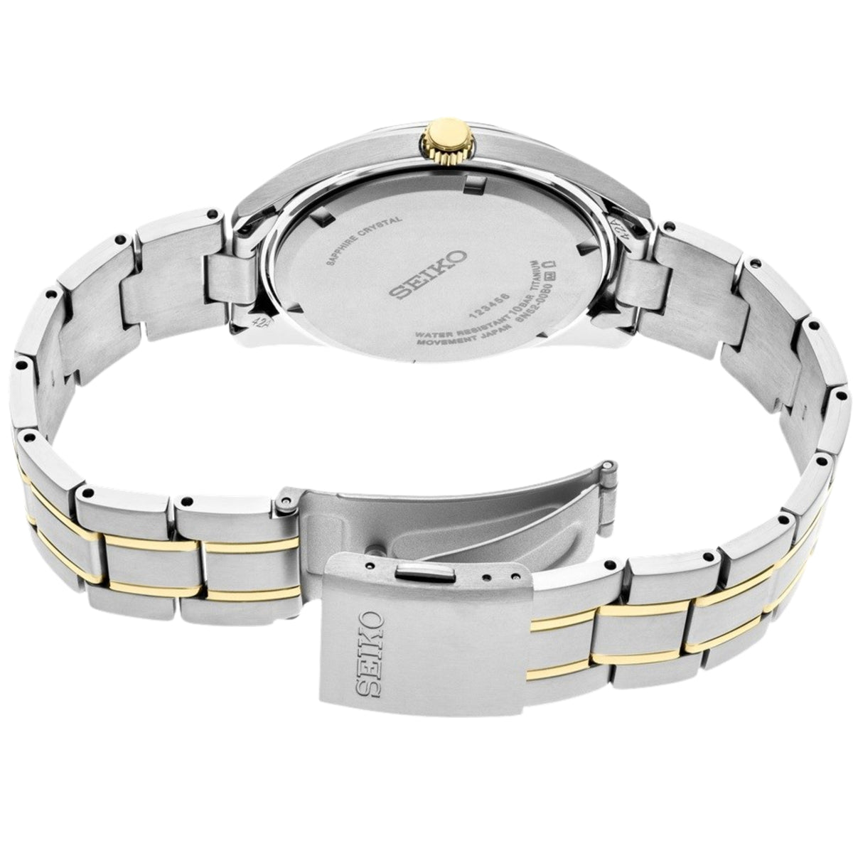 Back of the Seiko Essentials SUR377P1 watch case displaying engraved specifications, water resistance rating, and folding deployment clasp