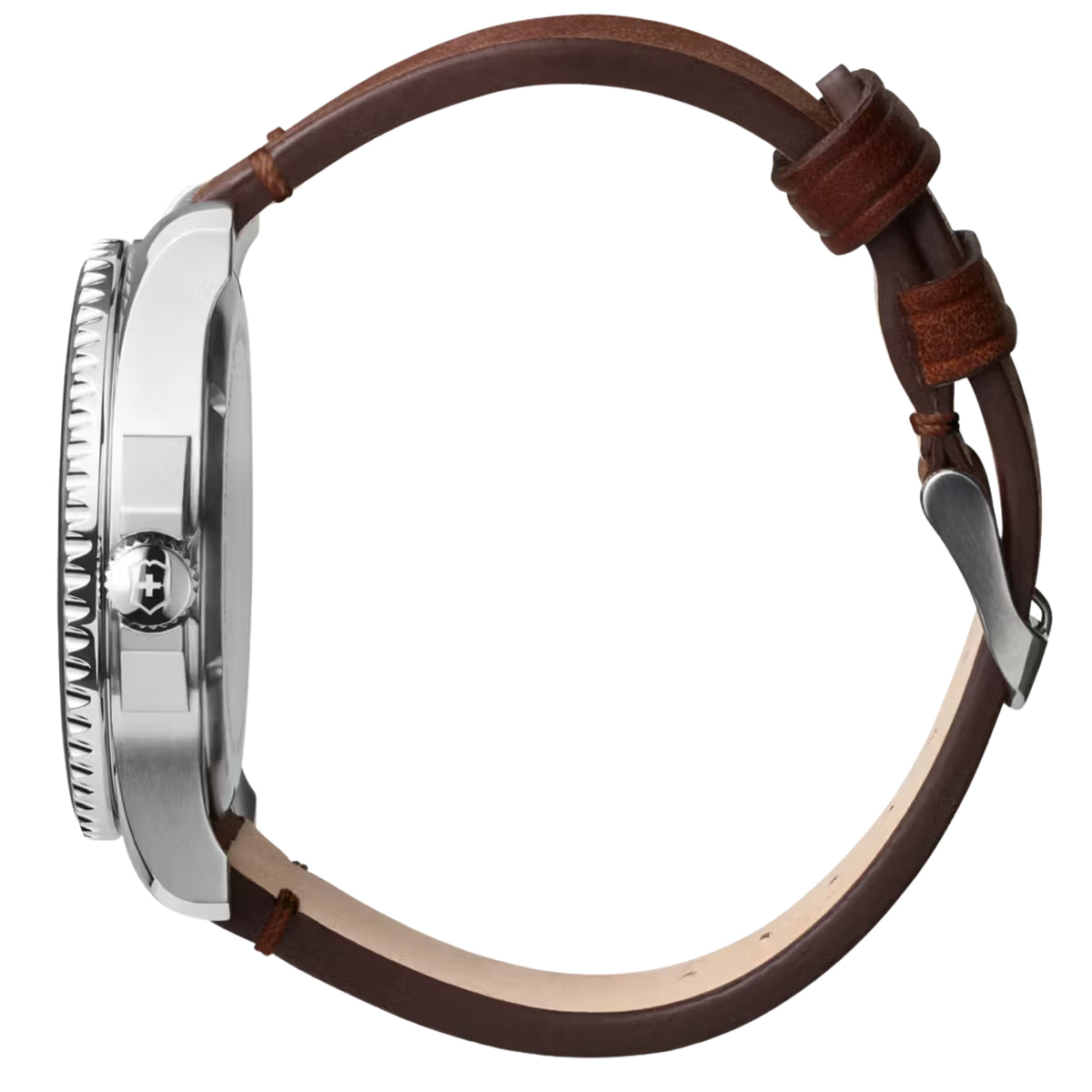 Men's quartz wristwatch with brown leather strap and silver case, side view