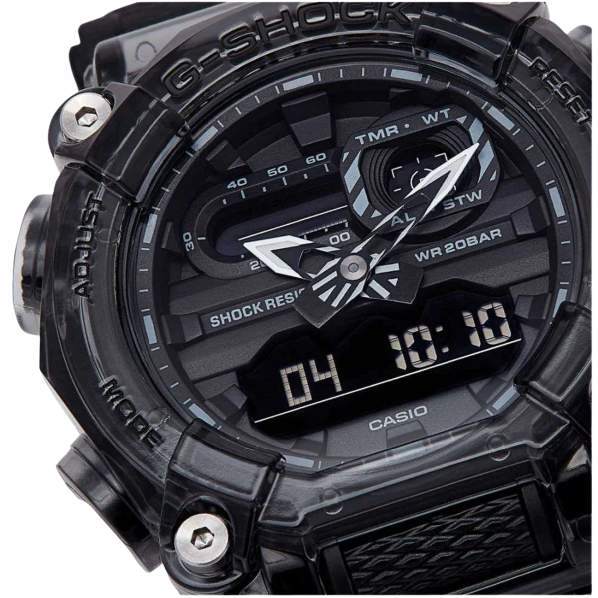 Skeleton-style digital wristwatch with dark resin case and textured strap, close-up dial