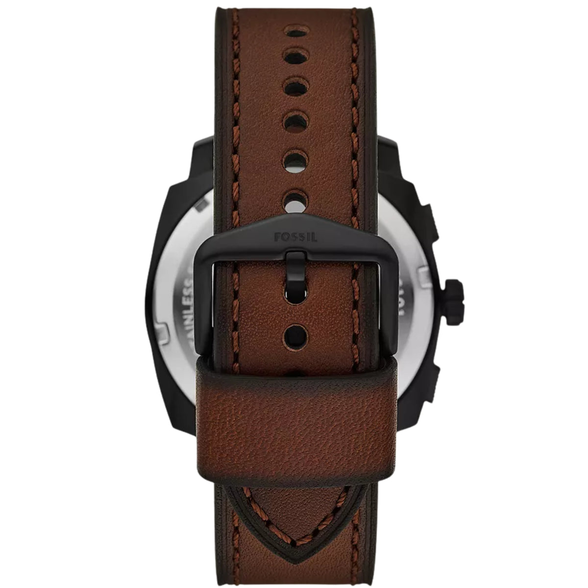 Chronograph watch with brown leather strap and black case back, adjustable holes