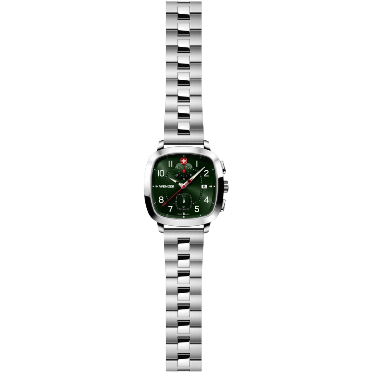 Wenger Vintage Sport 01.1933.112 full length view showing green chronograph dial, steel case, and link bracelet