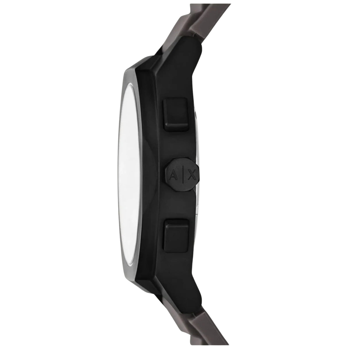 Side view of men's chronograph quartz watch with dark case and textured strap
