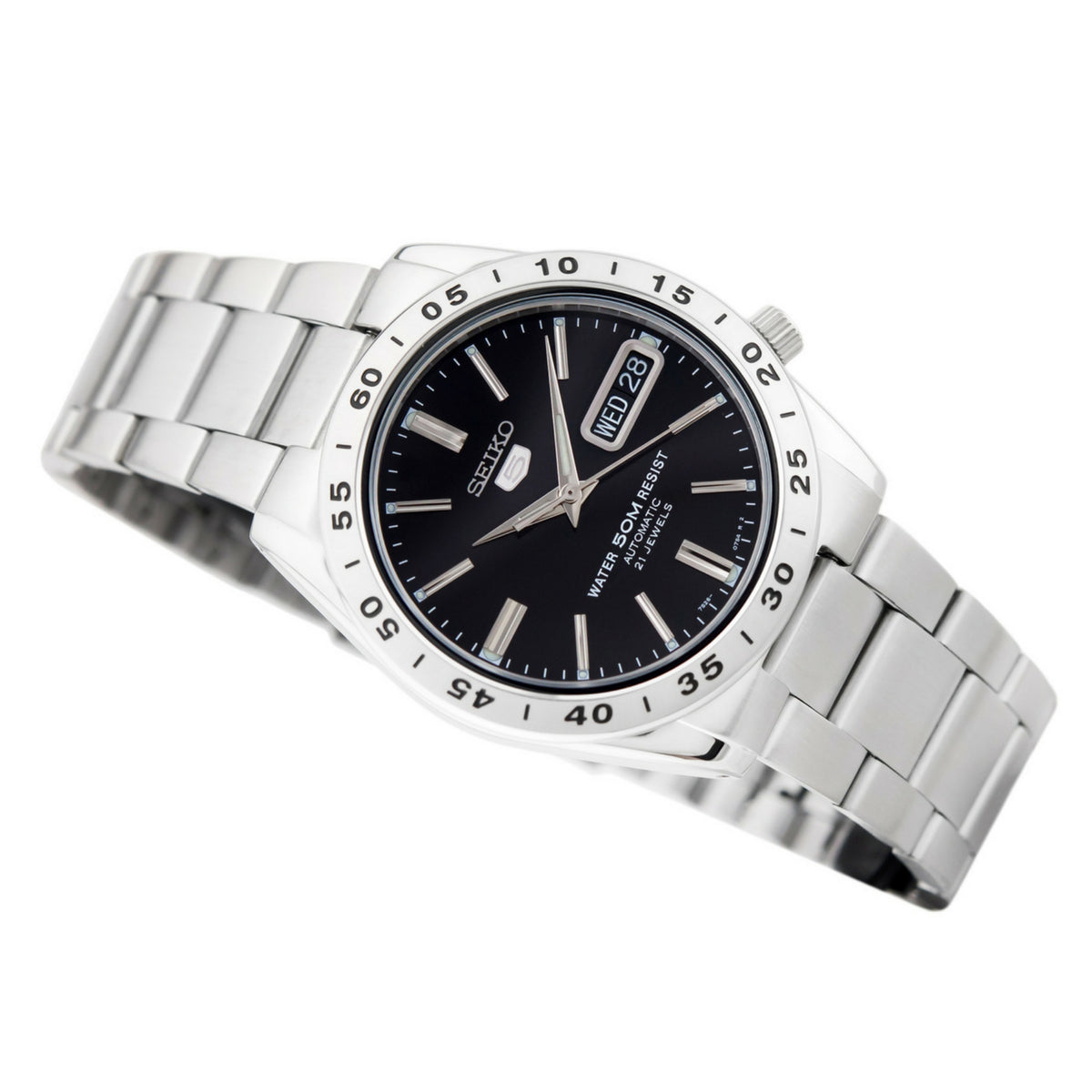 Seiko 5 men's automatic watch with black dial and stainless steel bracelet, angled view