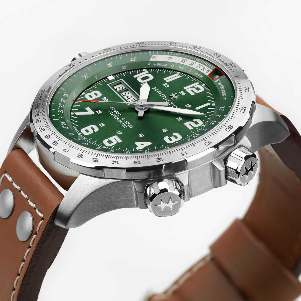 Hamilton Khaki Aviation H77735560 automatic watch side profile showing dual crown layout, steel case, and brown leather strap