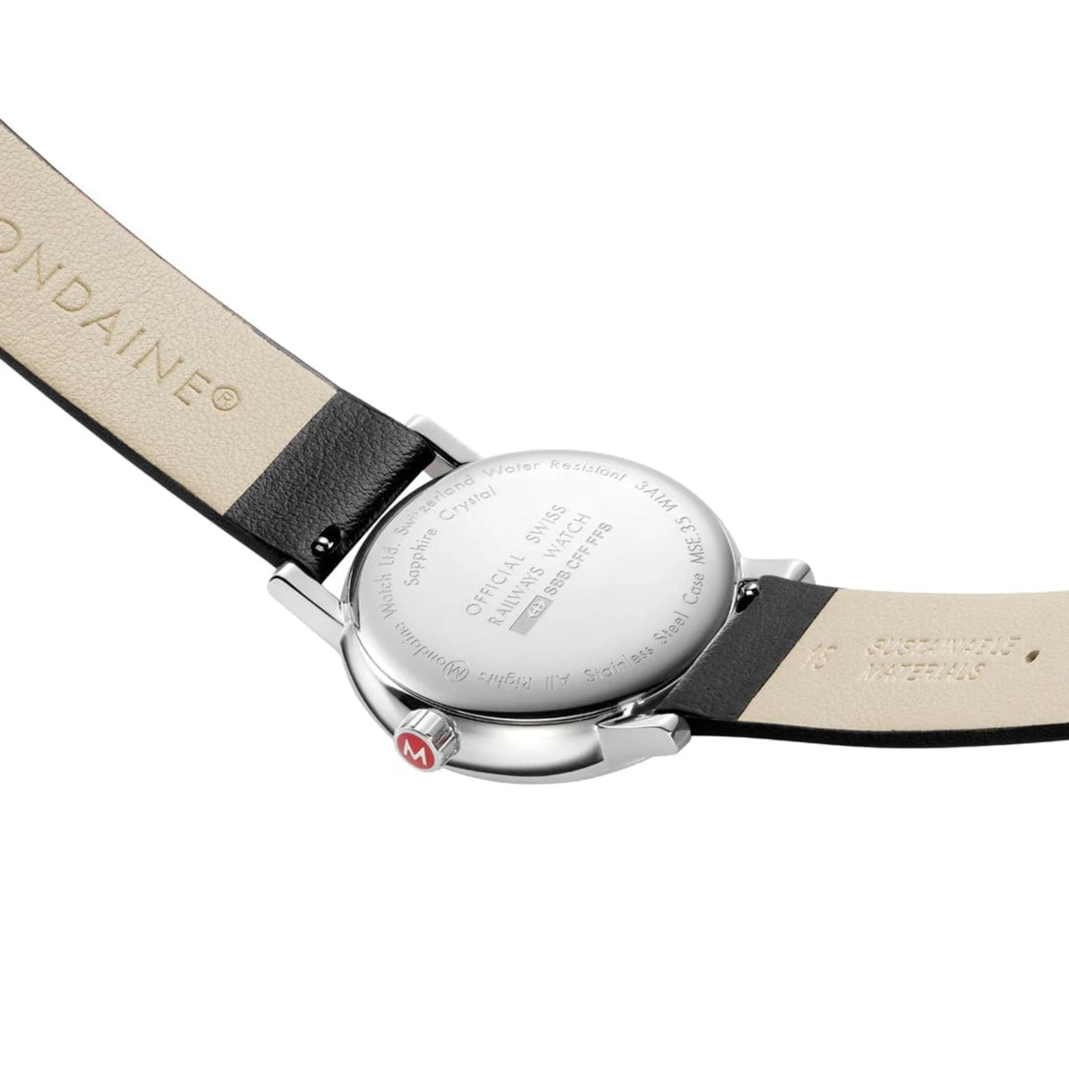 Stainless steel case back of Mondaine Evo2 MSE.35110.LBV wrist watch showcasing engraved SBB logo, sapphire crystal notation, and red-accented crown