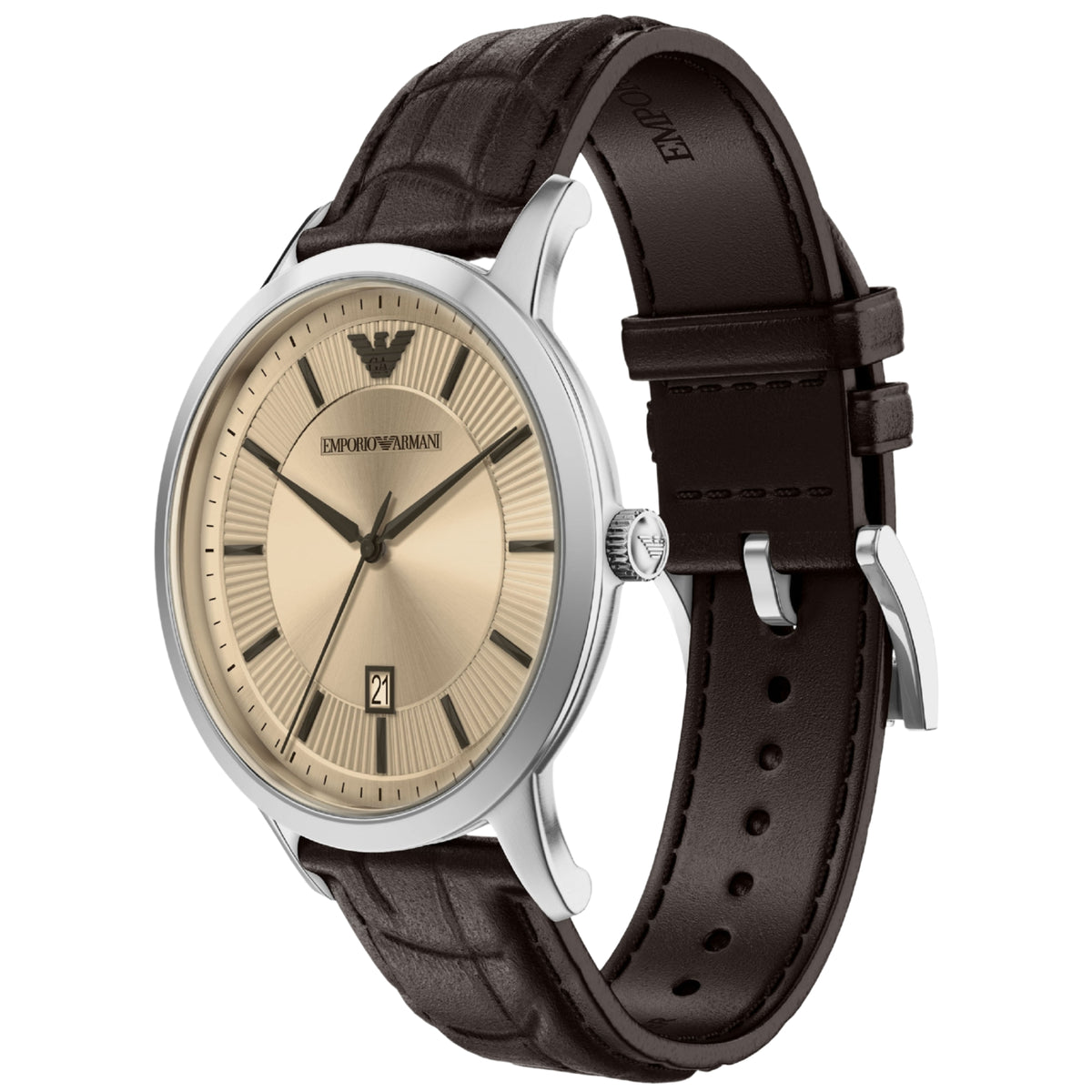 Emporio Armani AR11783 watch displaying its slim profile, polished silver-tone bezel, and single crown