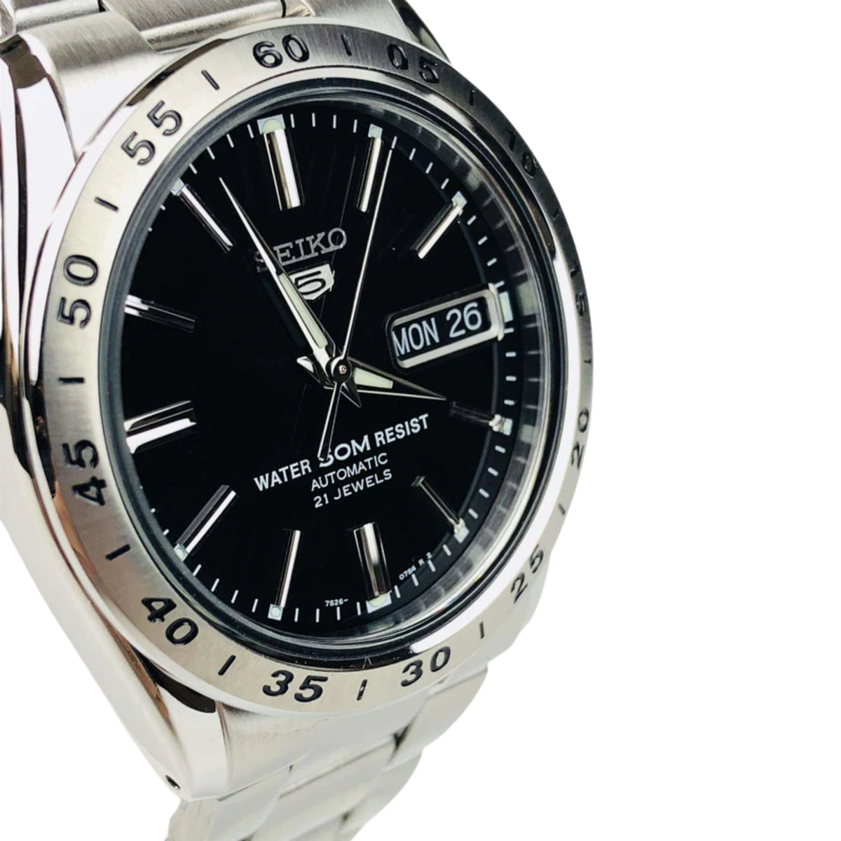Seiko 5 men's automatic watch with black dial, date window, and stainless steel case