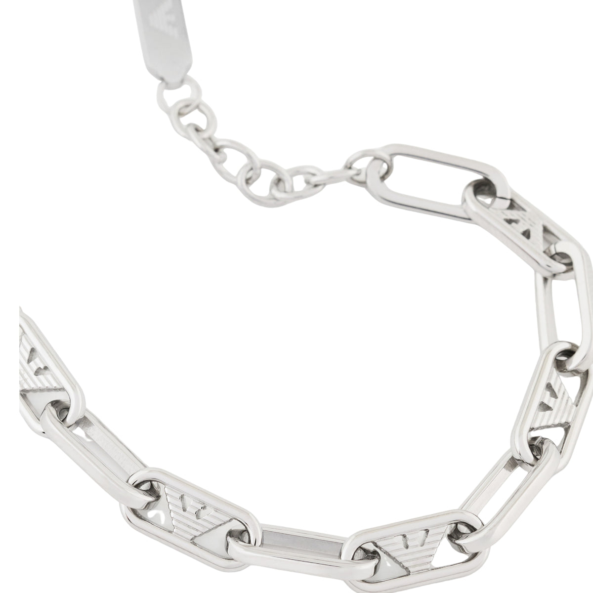 Close-up view of Emporio Armani mens bracelet EGS3249040 showing textured eagle motif cutouts on elongated chain links