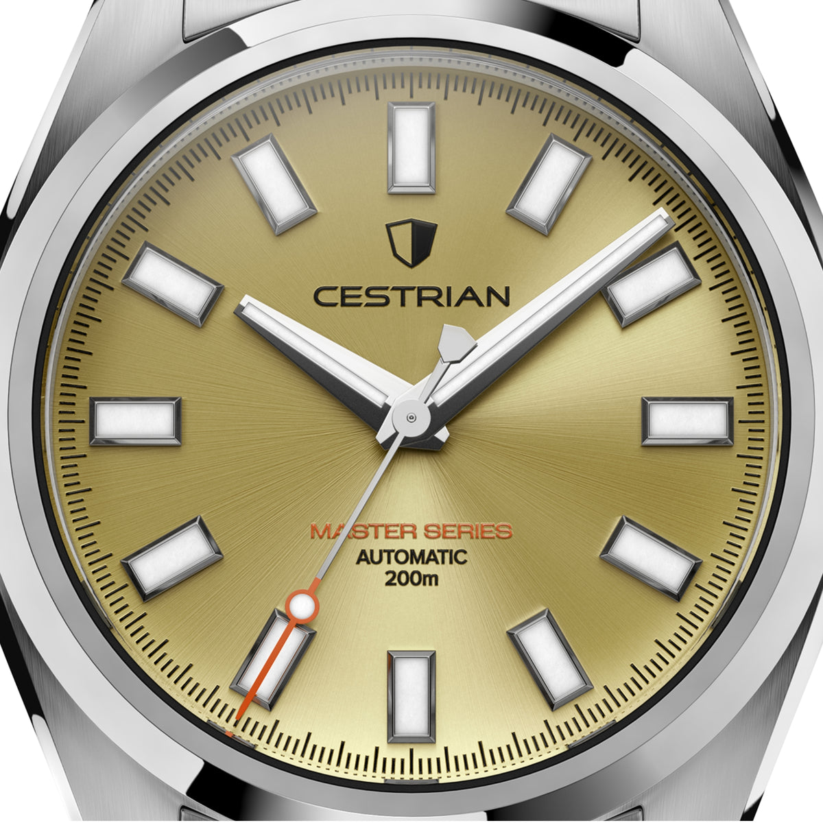 Men's automatic watch close-up: champagne sunray dial with baton markers and seconds hand