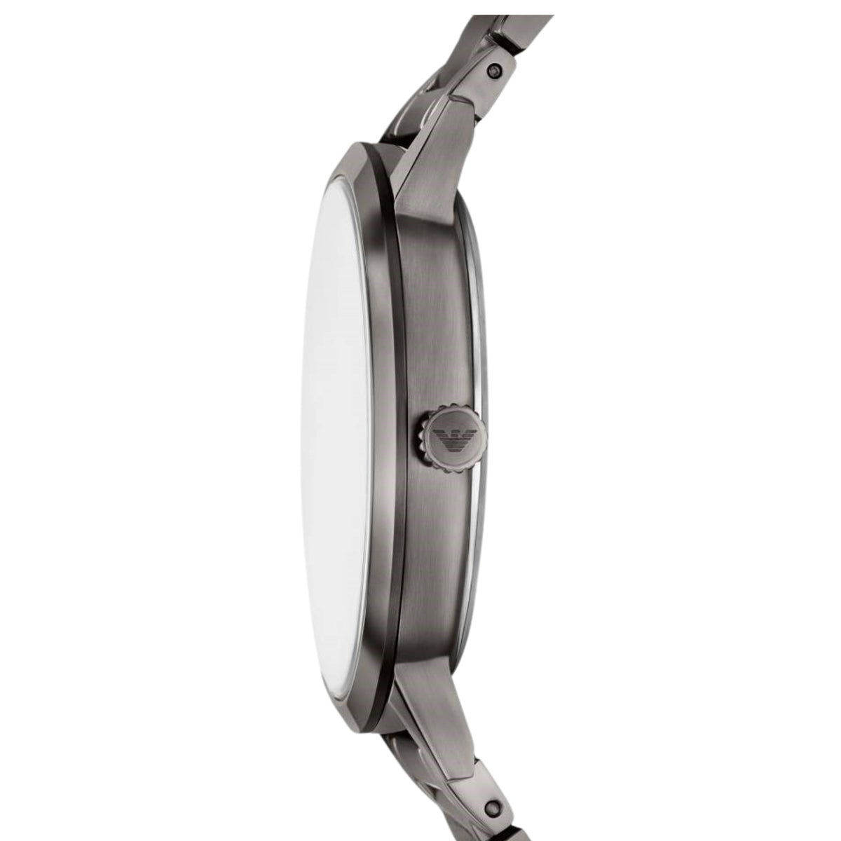 Emporio Armani men's quartz watch case profile in polished stainless steel