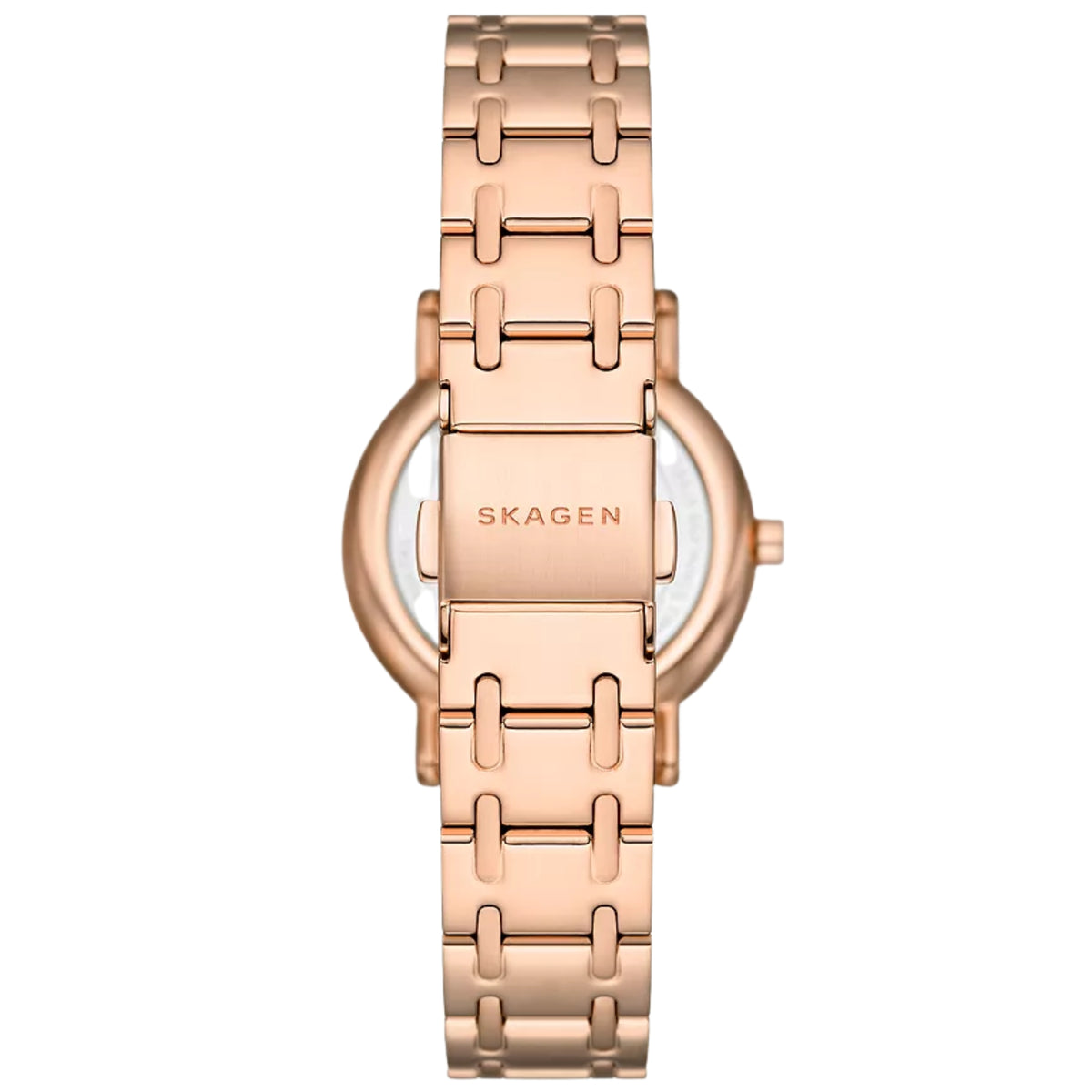 Rose gold steel watch, link bracelet, SKAGEN at center, front view