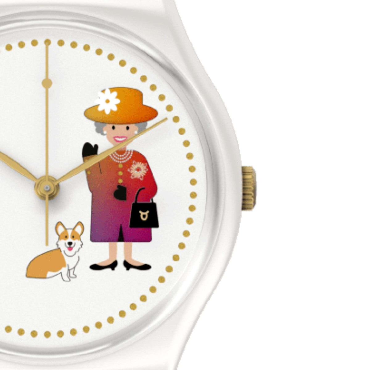 Close-up of white watch face with cartoon character dial and gold-tone markers