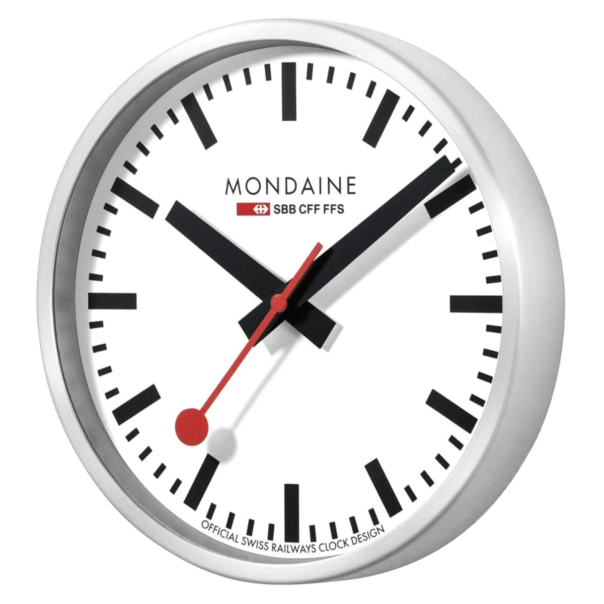 MONDAINE wall clock face, white dial with black markers and red second hand, silver bezel
