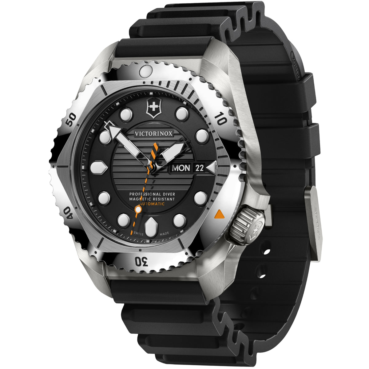 Men's automatic diving watch with black dial, orange accents, and black rubber strap