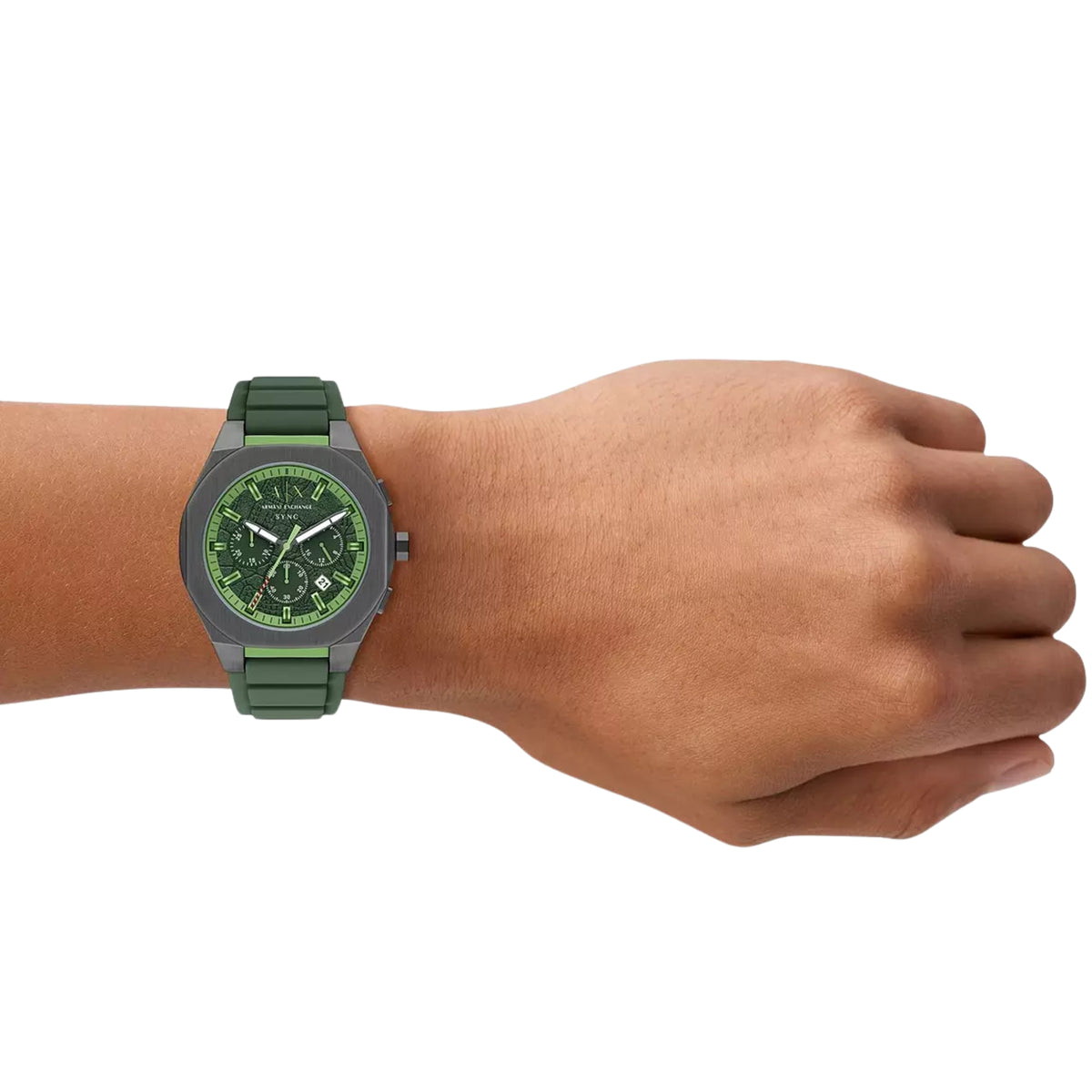 Armani Exchange Sync green chronograph watch worn on wrist showcasing comfortable silicone band and sporty look