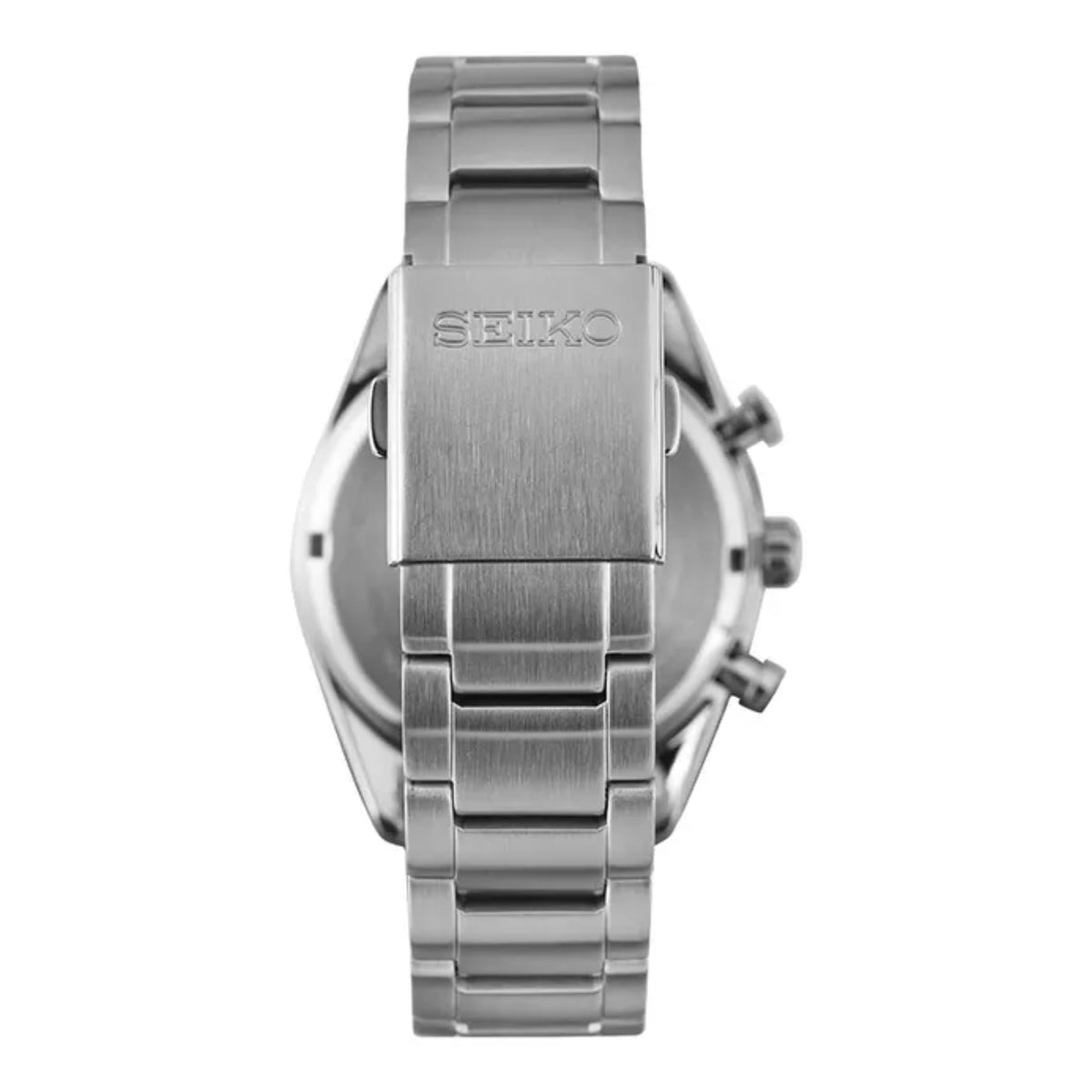 Seiko Essentials Solar Chronograph watch SSC801P1 highlighting the brushed stainless steel link bracelet and the engraved Seiko logo on the clasp