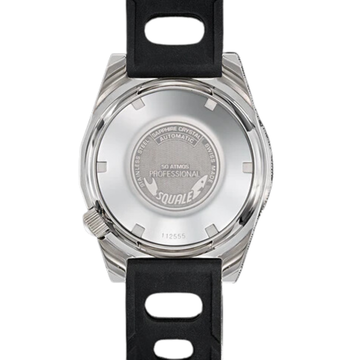 Stainless steel caseback of automatic diver watch on black silicone strap, text on back