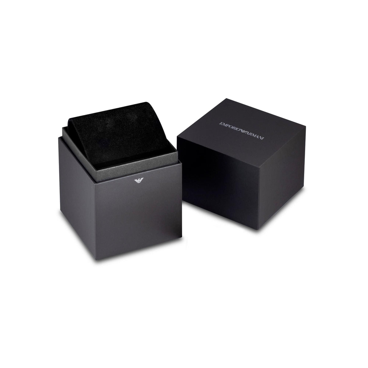 Black watch presentation box set with open lid and small logo