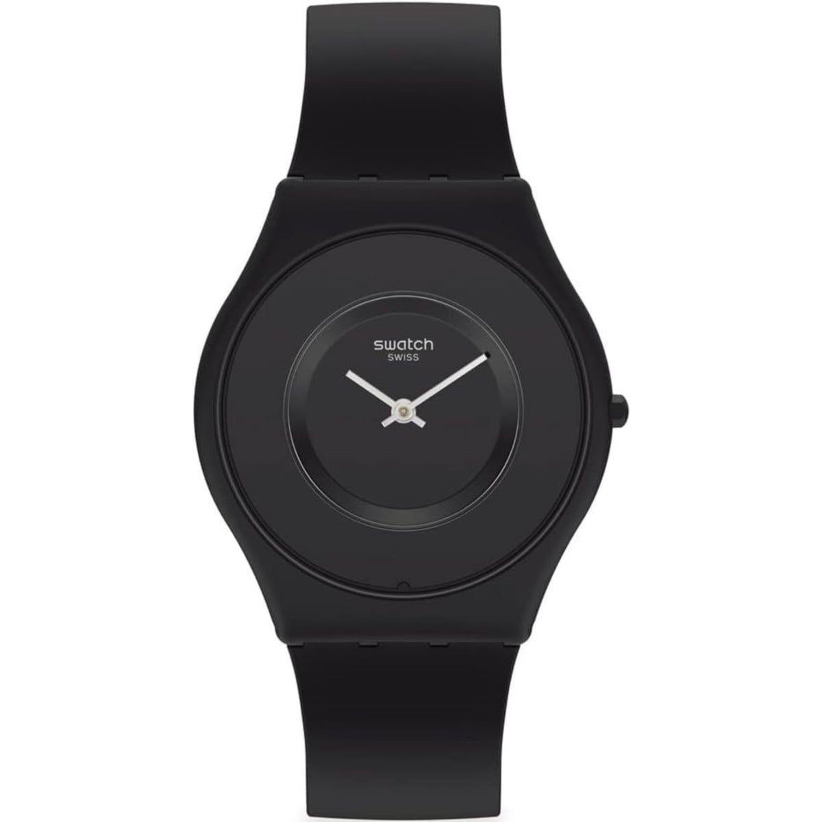 Ladies black quartz wristwatch with black silicone strap and black dial, round case
