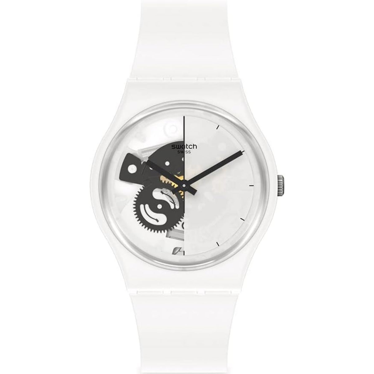 White bioceramic unisex quartz watch with round white dial and black hands