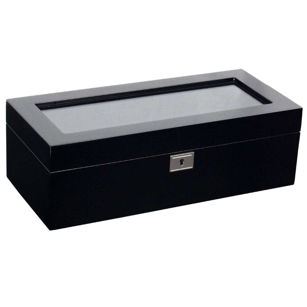 Black watch box with lid open and window panel, interior tray for watch storage