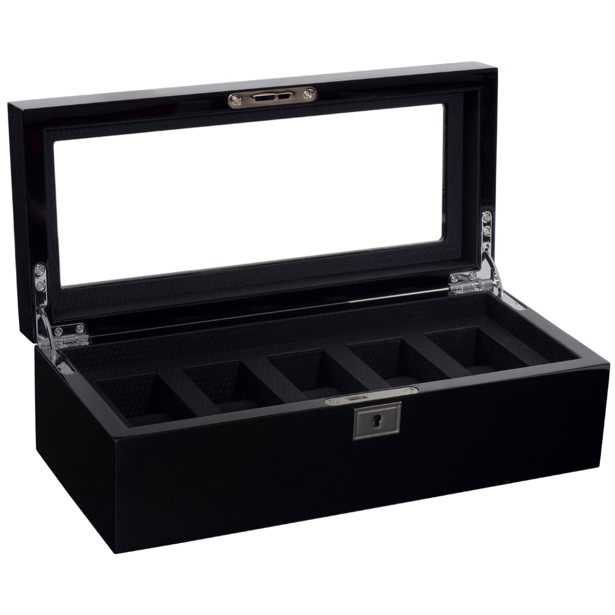 Black watch box open with foam watch slots and metal latch on the front