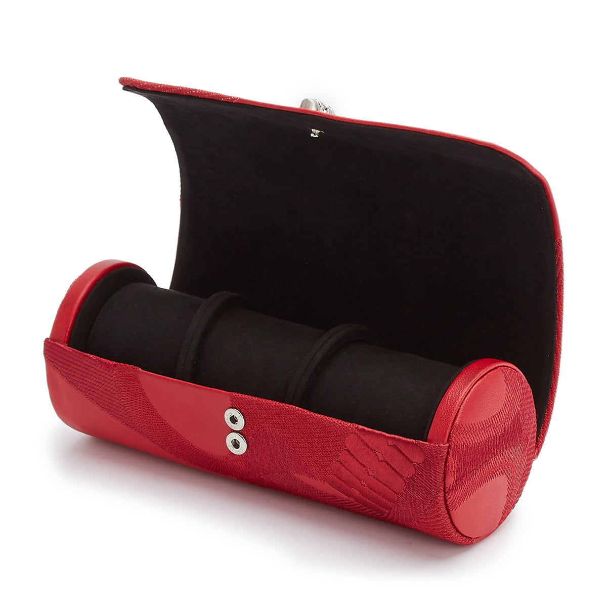 Open red triple watch roll with black interior and two cylindrical watch cushions inside.