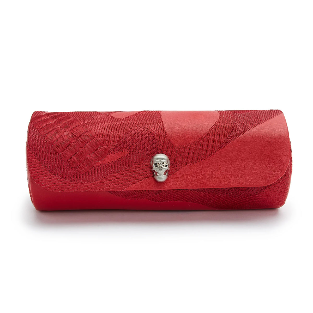 Red triple watch roll with textured fabric and small silver skull charm on the flap.