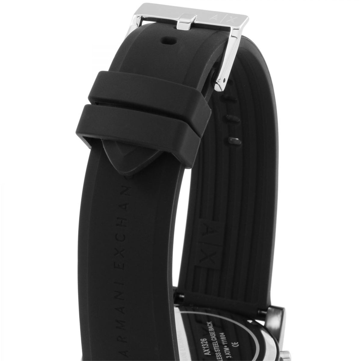 Men's Armani Exchange watch with black rubber strap, stainless-steel back, and clasp