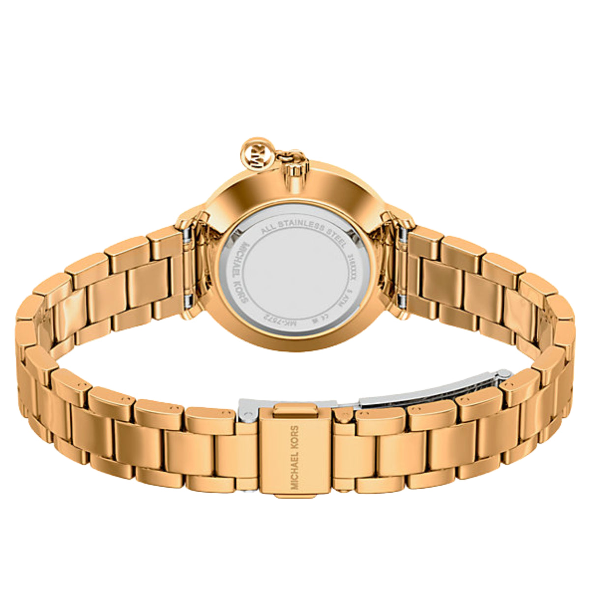 Michael Kors Pyper MK7572 reverse angle view revealing the stainless steel case back and open gold-tone bracelet construction