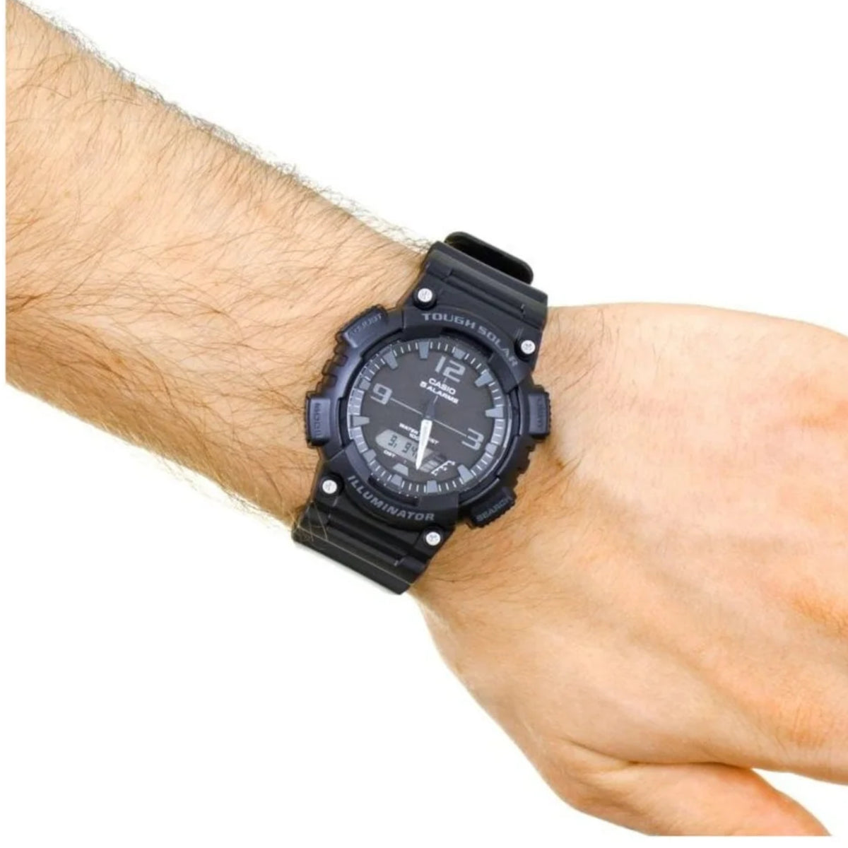 Casio Tough Solar men’s watch on wrist with black dial and resin strap