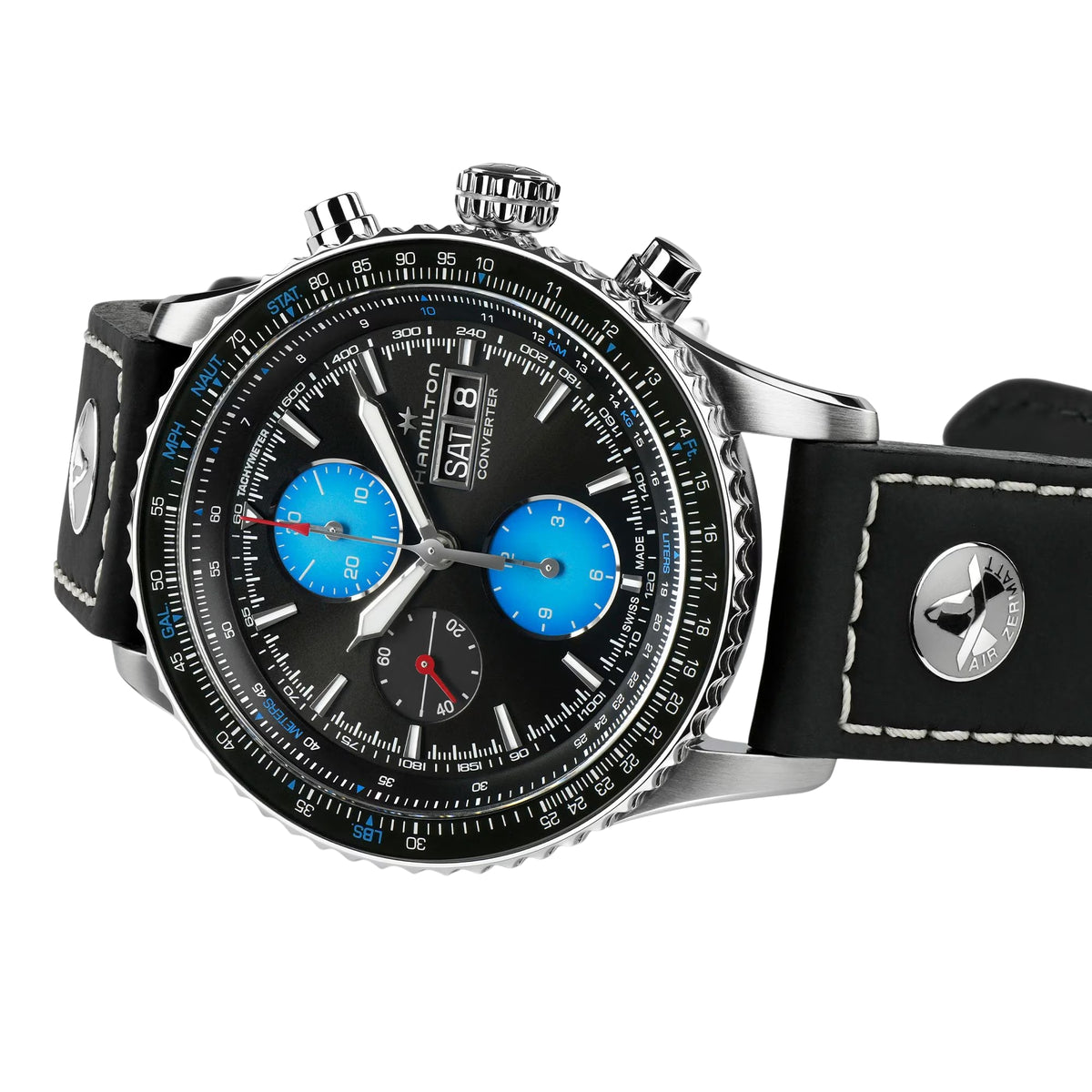 Men's automatic pilot watch with black dial, blue subdials, and black leather strap