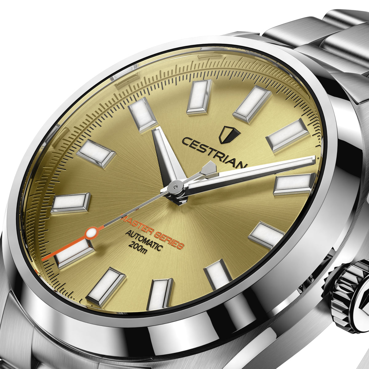 Men's automatic watch angled view: champagne dial, baton markers, steel case and crown