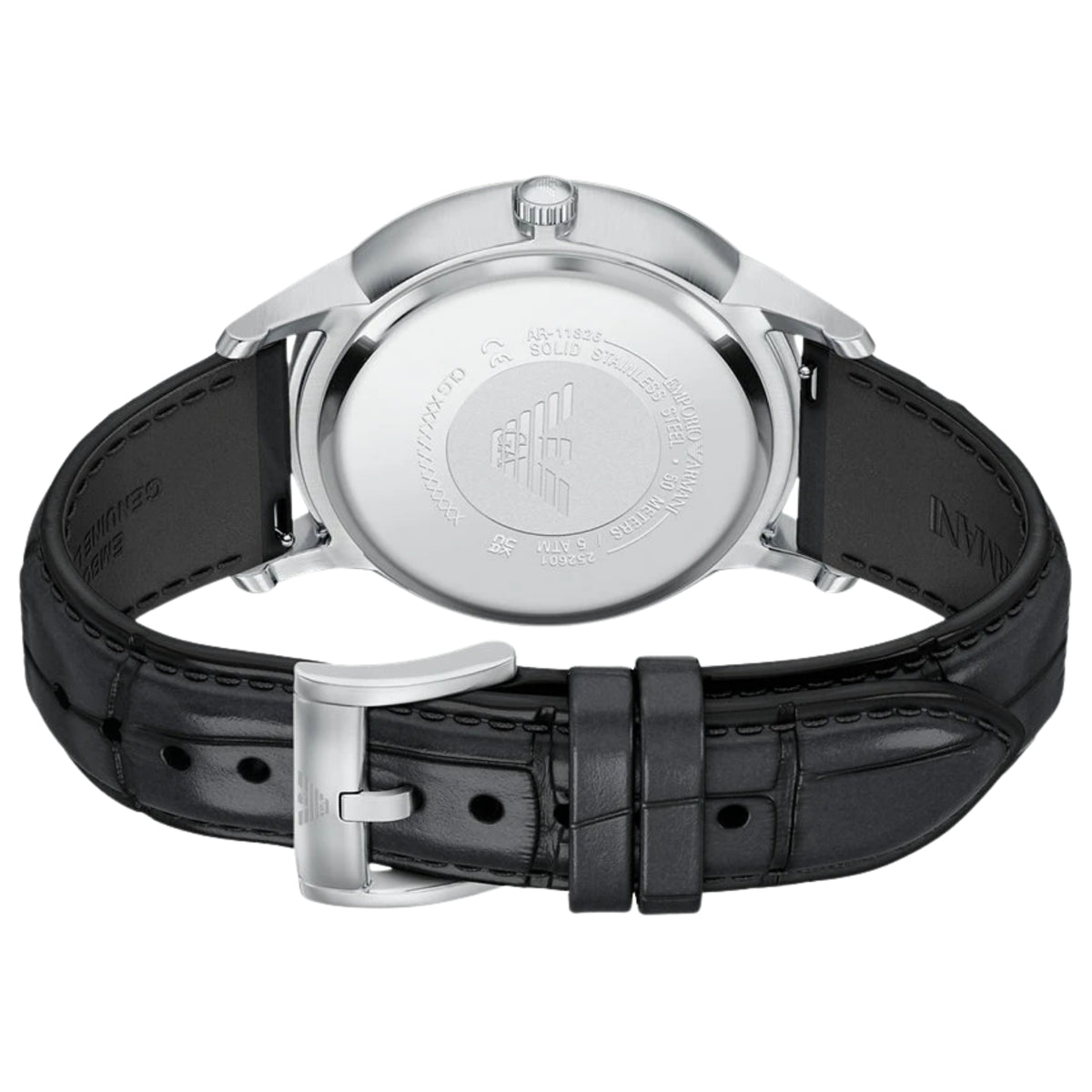 Angled rear view of the Emporio Armani Archetipo AR11826 watch showing the engraved steel case back and pin buckle