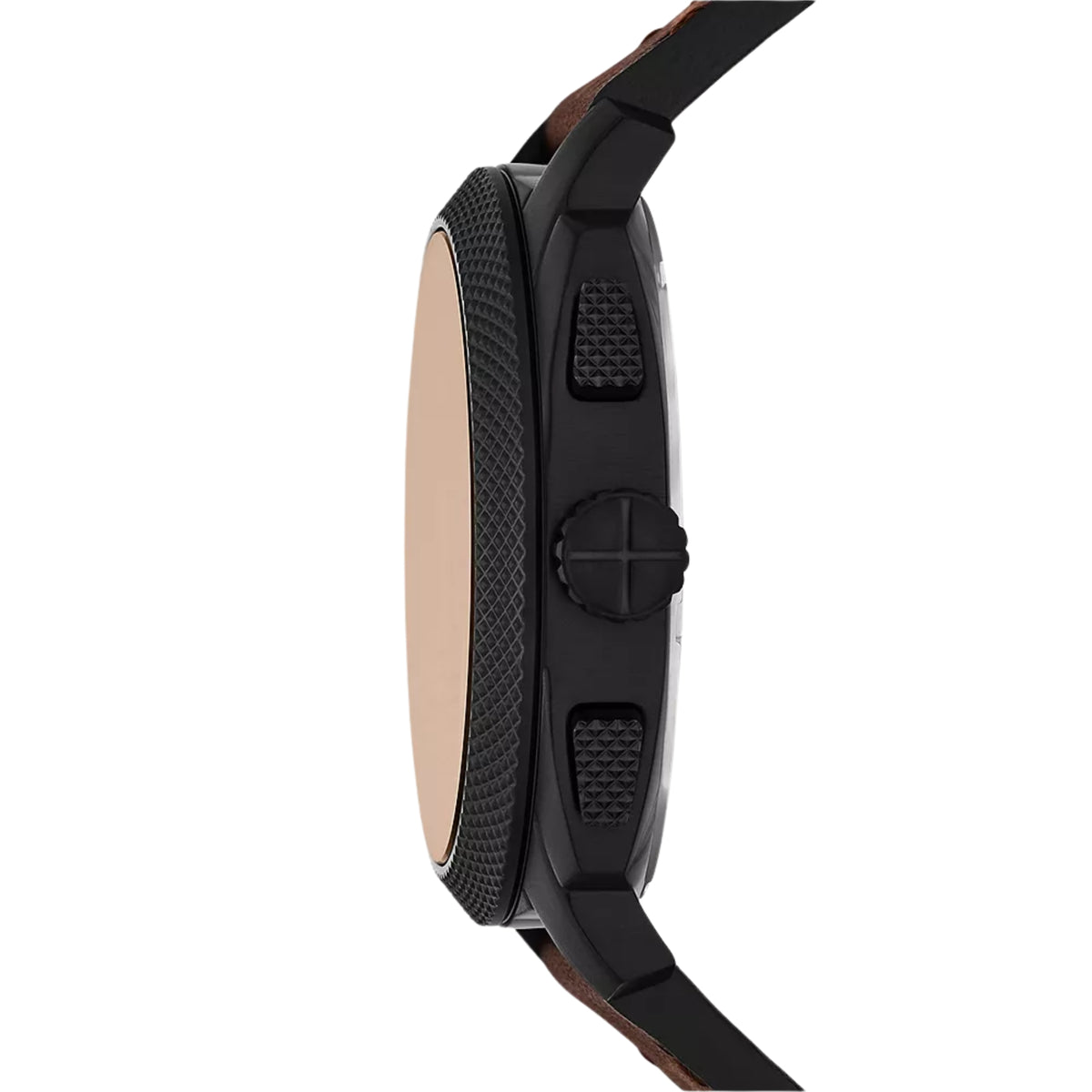Chronograph watch side view with textured black bezel and brown leather strap