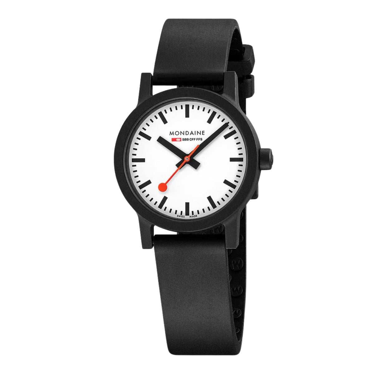Three-quarter angle shot of Mondaine Essence MS1.32110.RB Swiss Railways watch showcasing the black castor-oil-based case and white analog display with an iconic red second hand