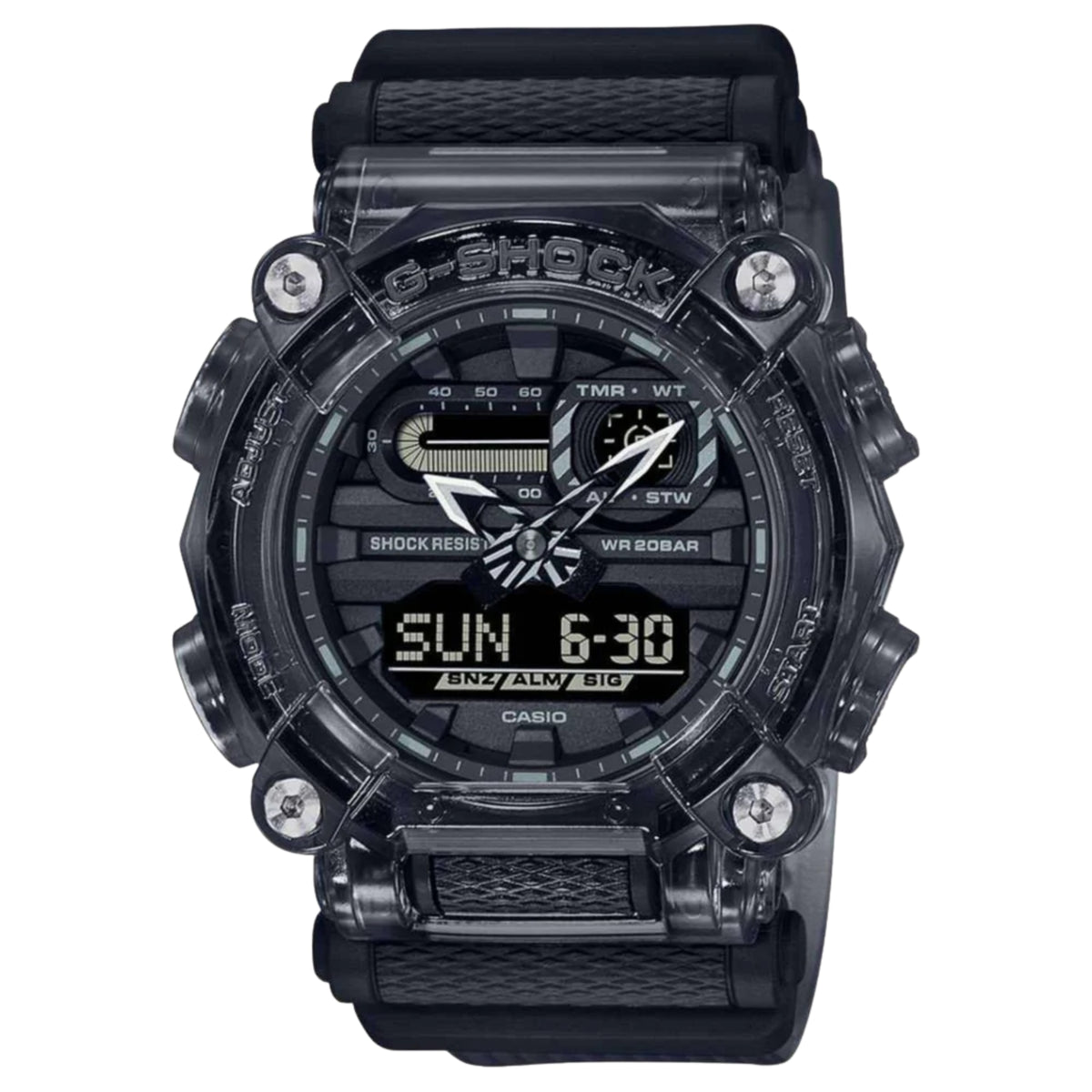 Casio G-Shock digital wristwatch with skeleton dial and day/time readout, dark resin strap