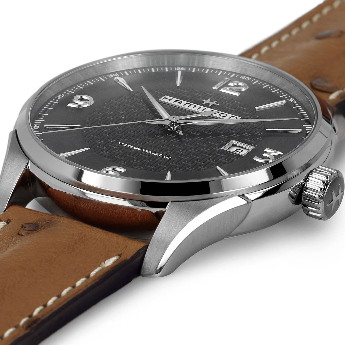 Men's automatic watch angled view: grey textured dial with silver indices and markers