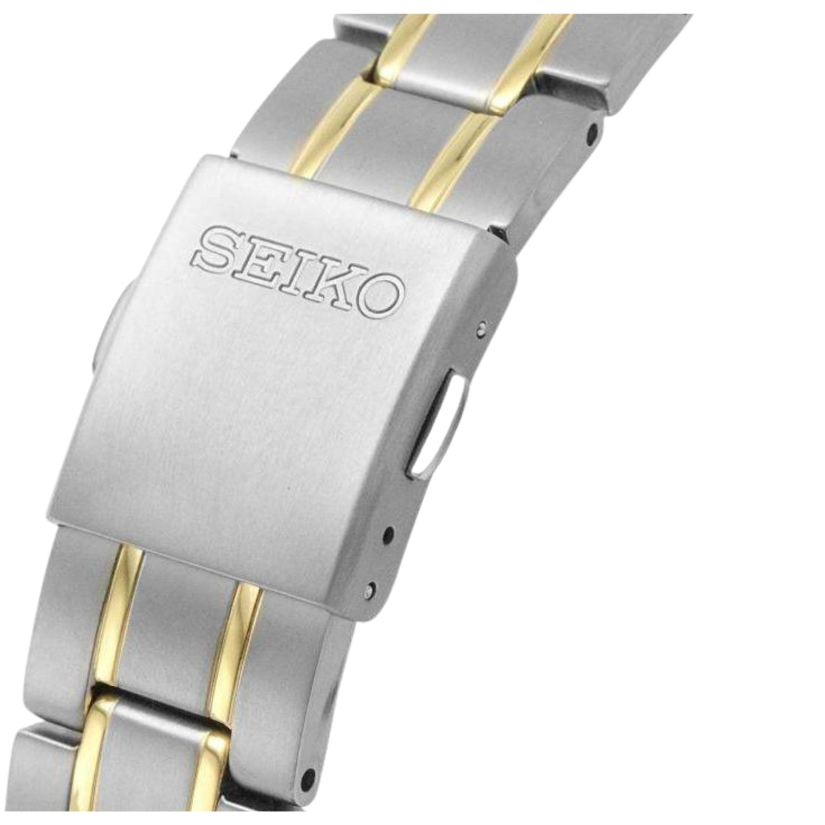 Close-up of the stainless steel fold-over clasp engraved with the Seiko logo on the SUR377P1 titanium watch bracelet