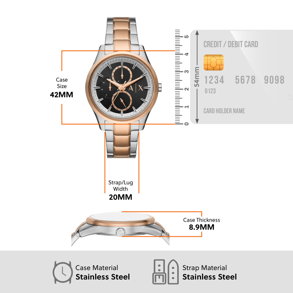 Black dial chronograph watch with rose-gold subdials and stainless steel bracelet