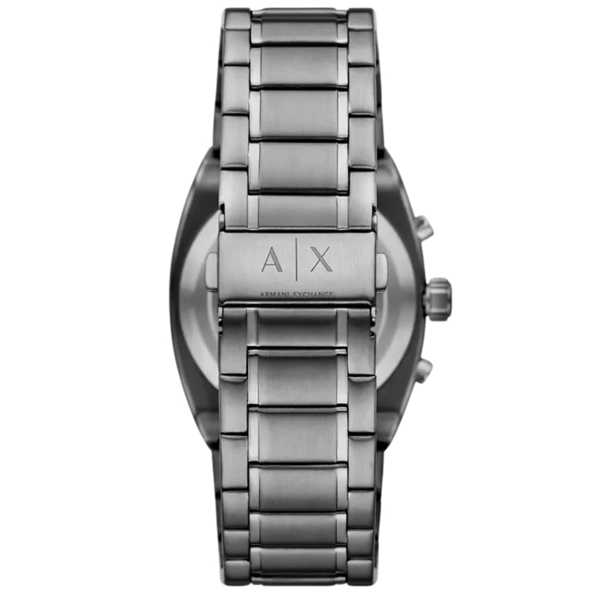 Steel wristwatch bracelet close-up with clasp and A X engraving, polished links.