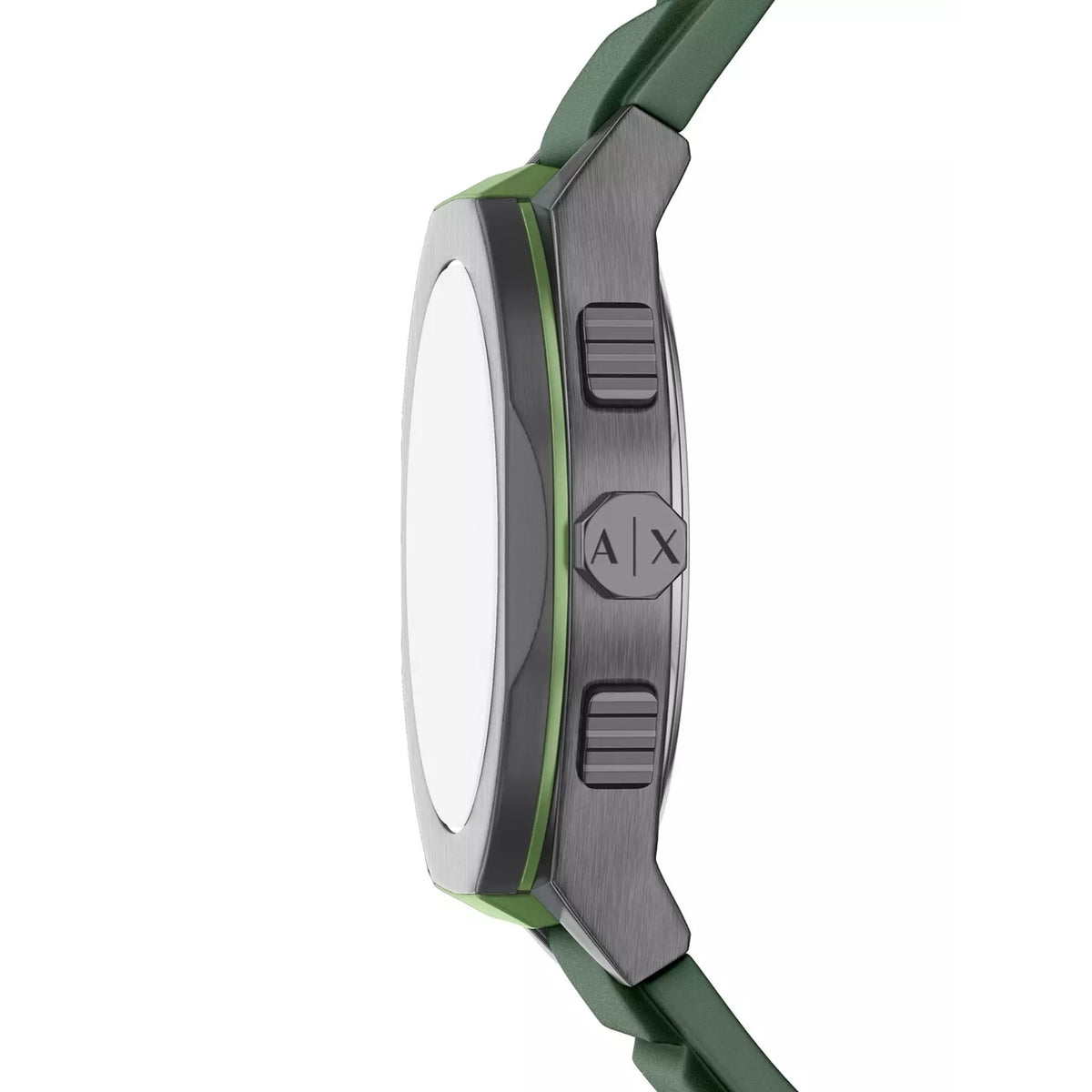Side view of Armani Exchange Sync 44mm green dial chronograph watch highlighting crown, pushers and case details